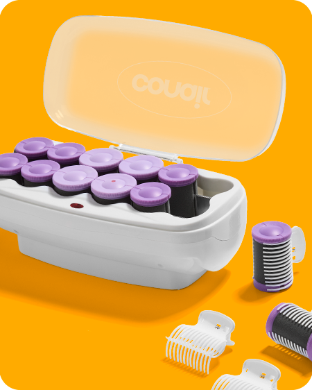 12 hot rollers in warming case with 2 claw clips on yellow background