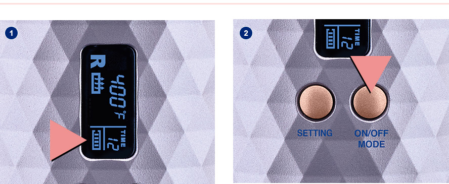 Left image: Unbound Cordless AutoCurler digital display showing battery meter. Right image: The autocurler on/off button.