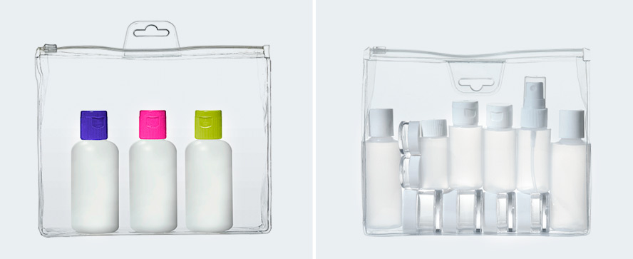 Izquierda: Botellas de viaje de 3 oz Travel Smart® / Derecha: Juego de viaje de 13 piezas Travel Smart®