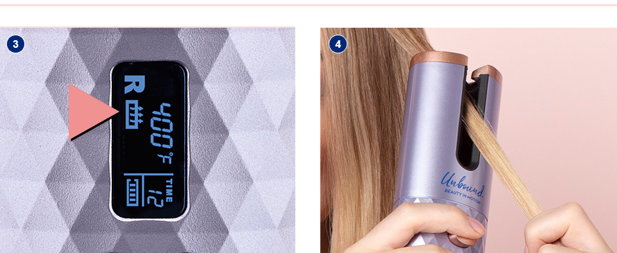 Left image: Unbound Cordless AutoCurler digital display showing the heat icon. Right image: Hands inserting a half inch section of hair into the curl chamber.