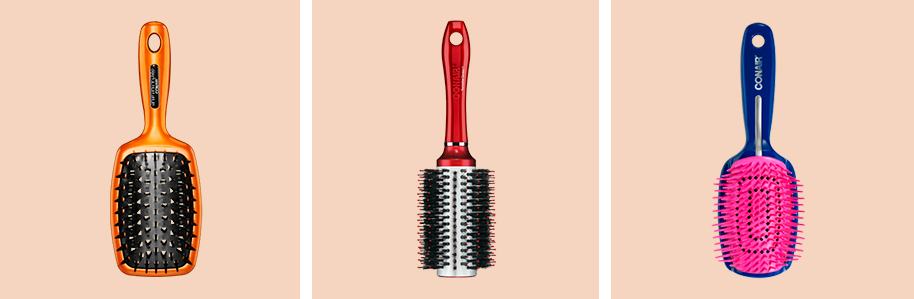 Tres cepillos para el cabello. Esta imagen enlaza a la página de cepillos para el cabello en el sitio web.