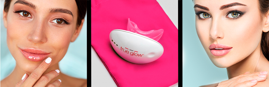 Models showing results of lip therapy with the True Glow lip therapy device