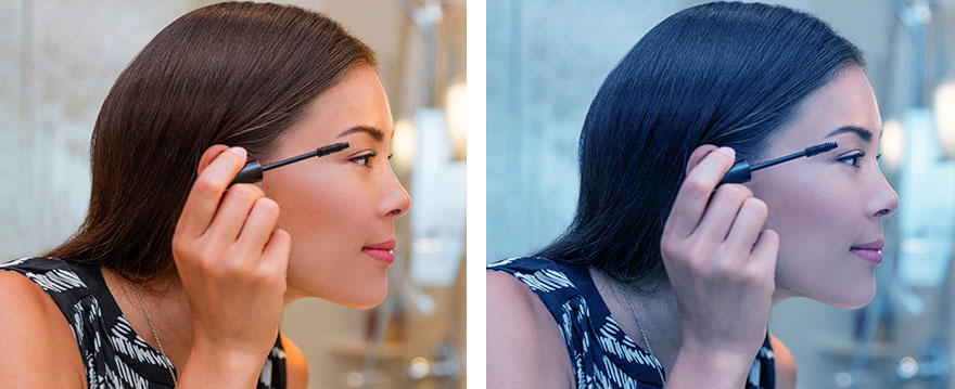 Two images of woman applying makeup. One with warm amber lighting and one with cool blue lighting.