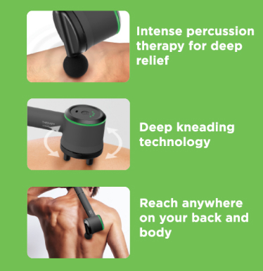 Close-up of massager creating animated percussion waves on skin, showing deep kneading massage technology and oscillating percussion massager on middle of back