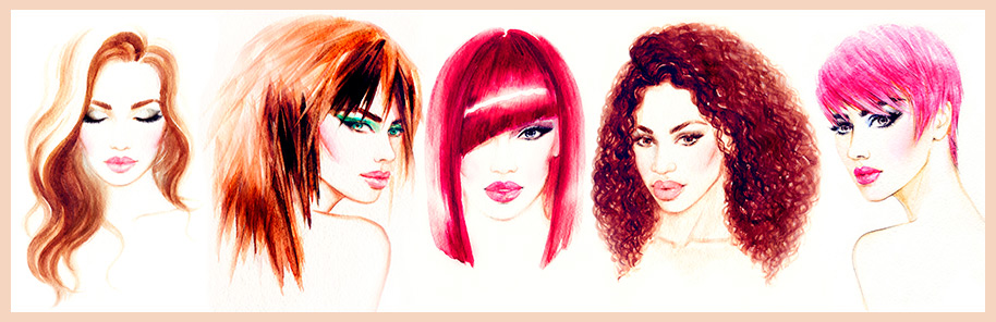 Imagen de dibujos en acuarela de cinco mujeres hermosas con diferentes estilos de cabello.