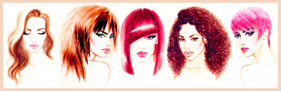 Watercolor image of five beautiful women with different hairstyles.