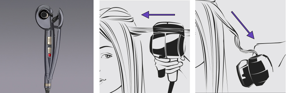 The Curl Secret automatic hair curling device. The image links to the Curl Secret website page.