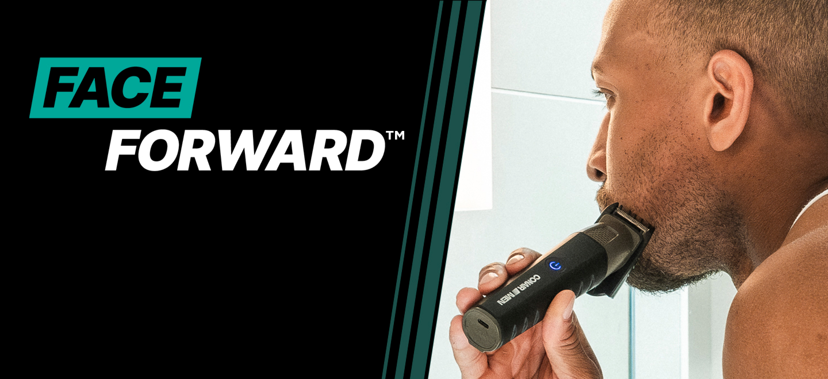 Face Forward Logo Man Shaving his face in mirror