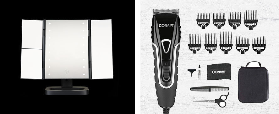 Izquierda: el elegante espejo de tocador con luces / Derecha: la cortadora de cabello Barbershop Series Ultimate-Grip™ de Conair®