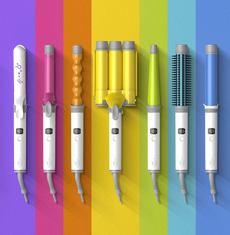 Style Chemisty by Conair collection of attachments on colorful striped background