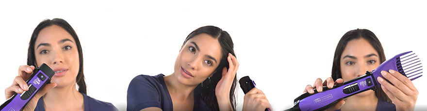 Woman showing how to blow dry with the brush head removed and using the volumizing pik