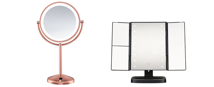 Espejos de maquillaje Conair. Espejo redondo tipo pedestal con acabado oro rosado y espejo rectangular para encimera de paneles múltiples.