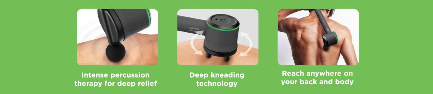 Close-up of massager creating animated percussion waves on skin, showing deep kneading massage technology and oscillating percussion massager on middle of back