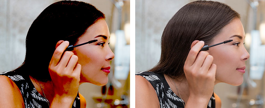 Left: Direct light from an angle forms deep shadows. | Right: Diffused light at eye level is more even.