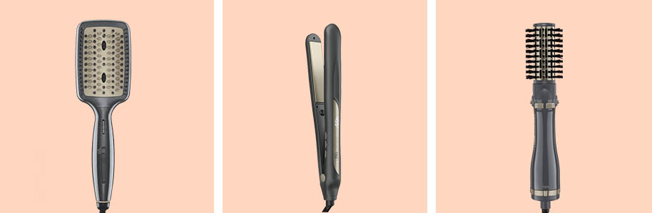 Izquierda: cepillo caliente estilo paleta / Centro: plancha alisadora / Derecha: cepillo de aire giratorio Conair