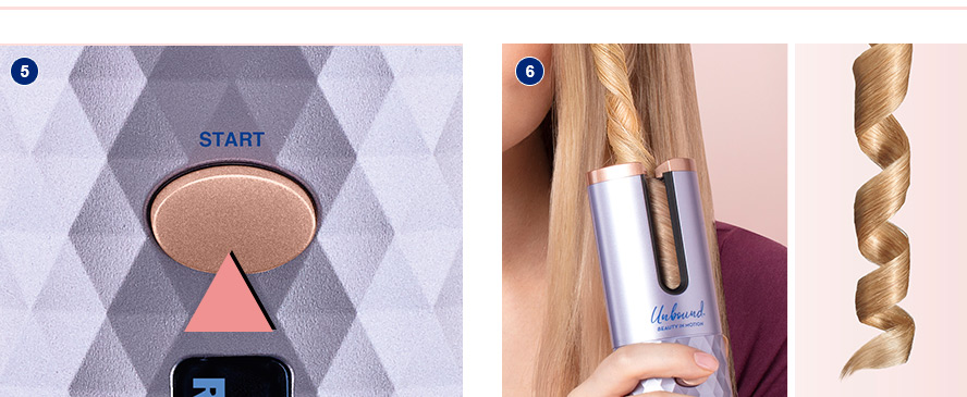 Left image: Unbound Cordless AutoCurler digital display showing the start button. Right image: Hands pulling the auto curler away to release the hair curl.