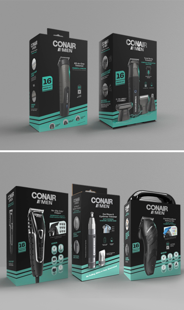 5 different Conair Men grooming tools in packaging.