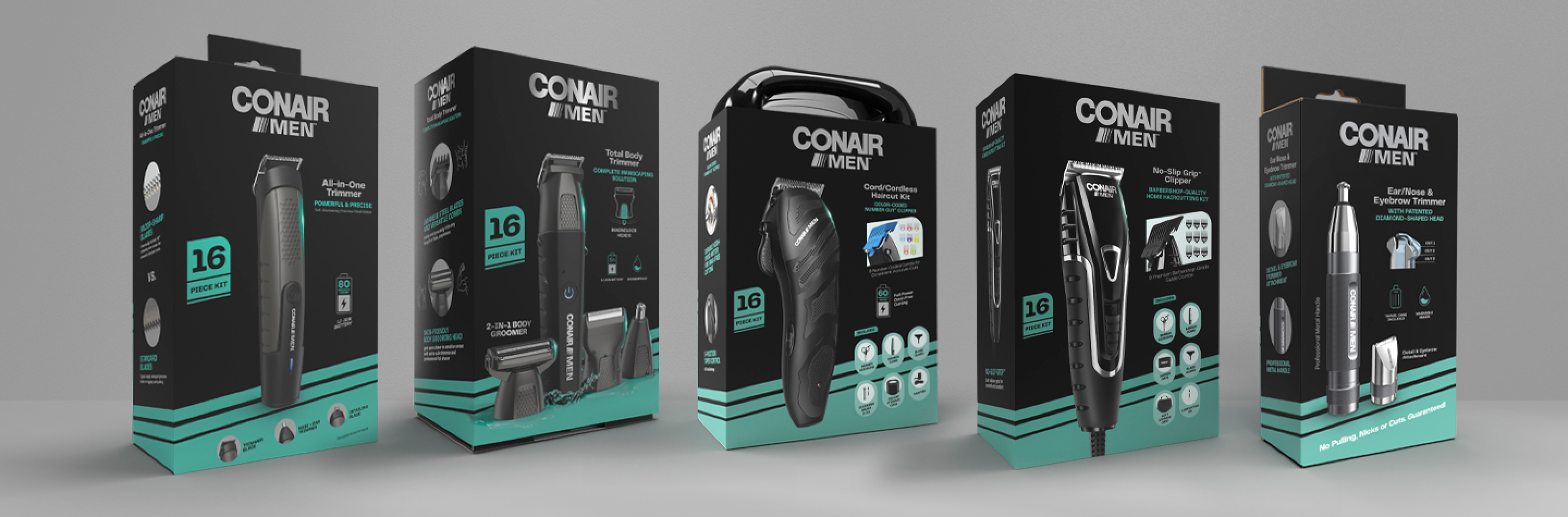 5 different Conair Men grooming tools in packaging.