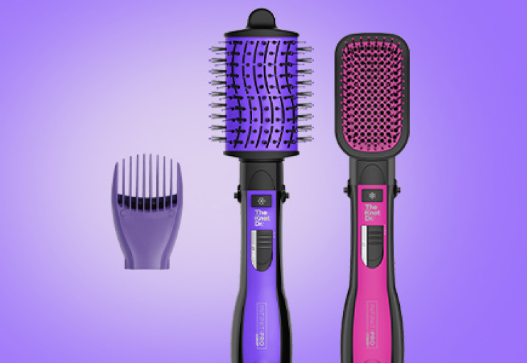 Web image of a group shot of the Volumizing Pik attachment, the BC116R All-In-One Dryer Brush, and the BC120 All-In-One Smoothing Dryer Brush