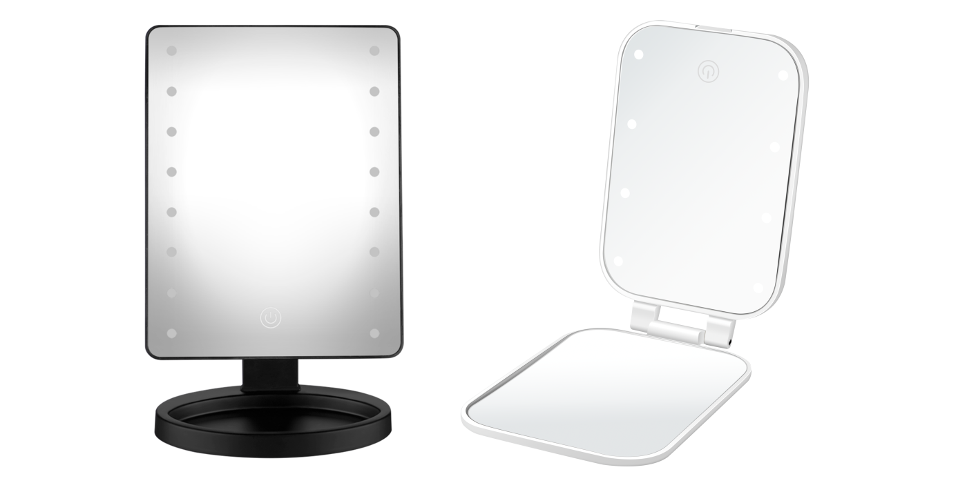 Left: BEP1W Single Panel Lighted Mirror  Right: BE13 LED Lighted Compacy Mirror