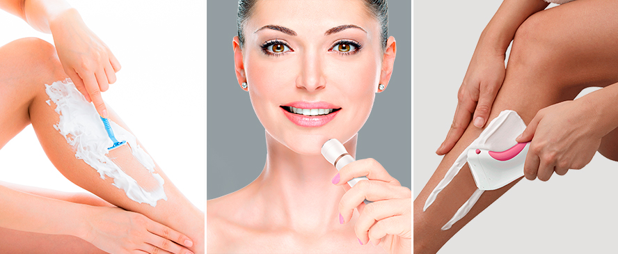 Different hair removal options for women. Shaving cream and razor, facial hair shaver, electric shaver.