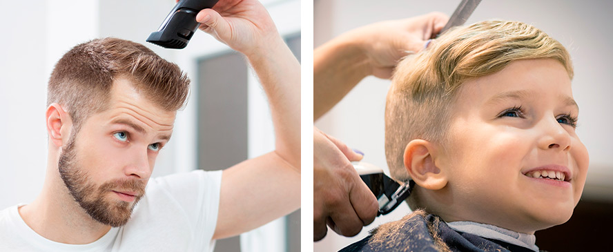 Un hombre cortándose su propio cabello y un niño al que le están haciendo un corte