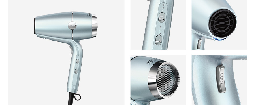 The Smoothwrap hairdryer with closeup images showing features and buttons.