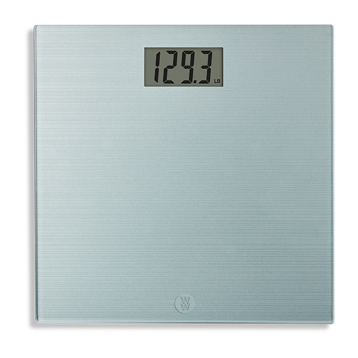 Una báscula de baño de vidrio templado sólida y resistente a los impactos  para pesar hasta 400 lb/182 kg. Pantalla digital LCD de fácil lectura de  1.5 in (40 mm).