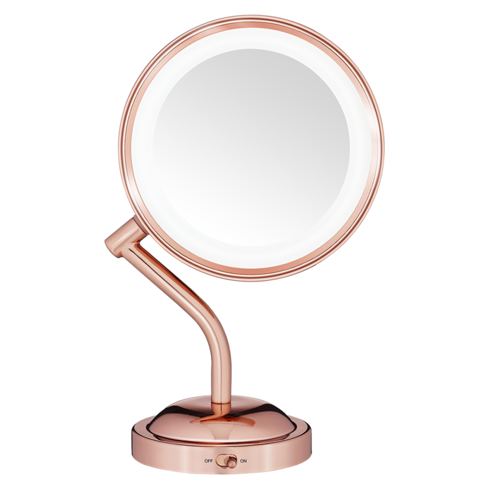 Espejo ovalado de doble cara con luz, en bronce aceitado